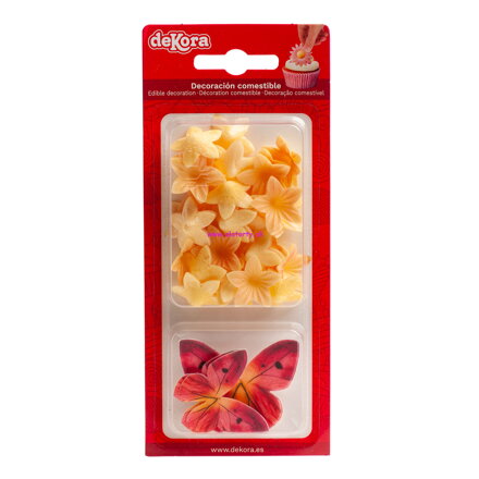 Oblatkové mini kvetinky  žlto/ružové 30ks + 4ks ružový motýľ (166023)