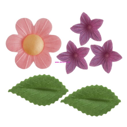 Oblátkové kvety set - 5 x ružové , 32 x fialové a 8 x zelený list.