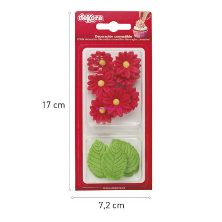 Dekora  cukrové kvetinky  červené 7ks + listy 5ks ( 230058 )