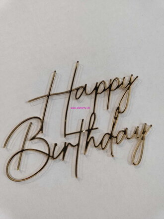 Akrylový zápich - Happy Birthday - zlatý zrkadlový na bok torty