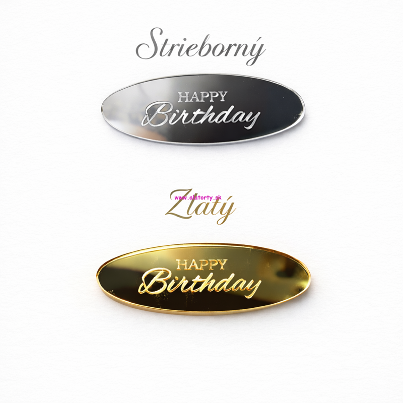 Akrylový zápich Happy Birthday Ovál Strieborný/Zlatý