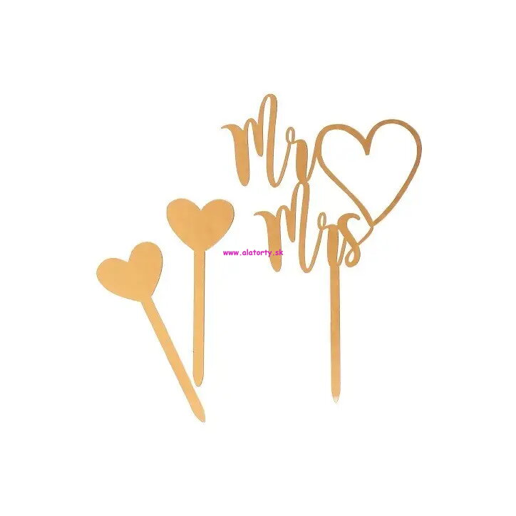 Zlatý zrkadlový zápich- Mr & Mrs s dvomi srdiečkami 